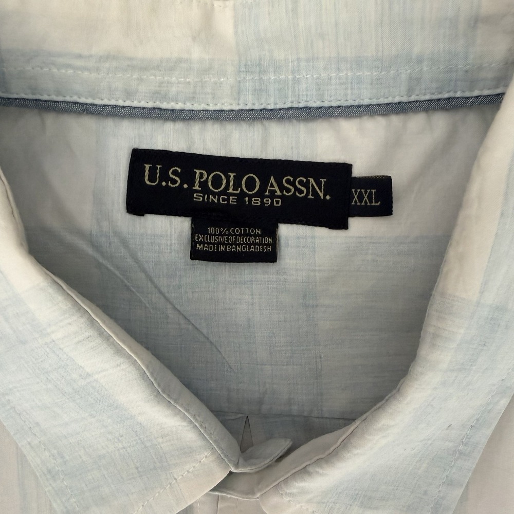 U.S. Polo Assn. XXL Blue/White Checkered Short Sleeve Button Front Oxford Shirt - Picture 4 of 9